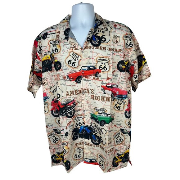 Hawaiian Apparel Route 66 Themed Button-Up Shirt Large Beige 100% Polyester - Picture 1 of 6